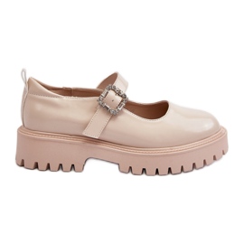 Women's Patent Leather Shoes with a Decorative Buckle, Beige Lindnessa