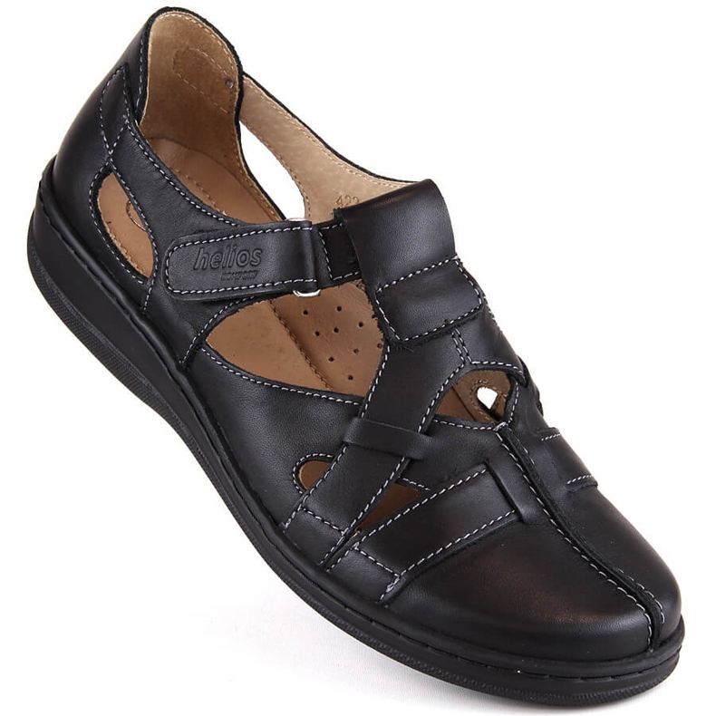 Leather comfortable women's openwork shoes with Velcro, black Helios 423.011