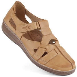 Leather comfortable women's openwork shoes with Velcro, brown Helios 423.07 beige