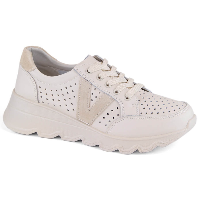 Women's openwork leather sports shoes, beige Vinceza 7875