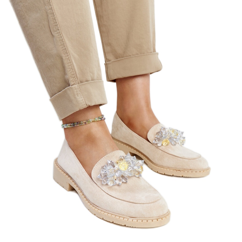 Light beige suede loafers with Zemzem crystals