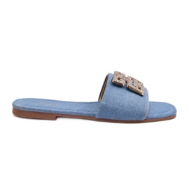 Women's Denim Flip-Flops with a Flat Heel and Decoration, Blue Inaile Women's Denim Flip-Flops with a Flat Heel and Decoration, Blue Inaile