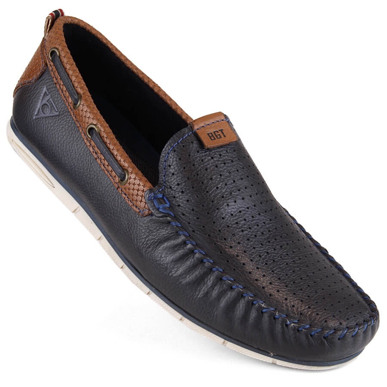 Leather men's shoes, slip-on moccasins, navy blue Bugatti NN153339