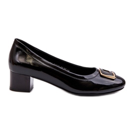 Vinceza Patent leather pumps on a block with a decoration, Black Enollia