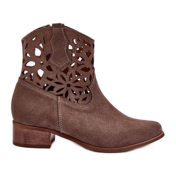Zazoo 3404 Openwork Cowboy Boots On Low Heels Suede Brown