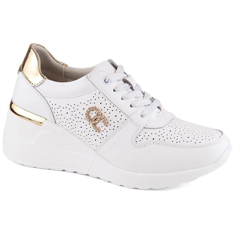 Women's leather sports wedge shoes, white, S.Barski LR810