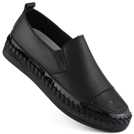 S.Barski Women's leather slip-on shoes with cubic zirconia, black D&amp;A LR370