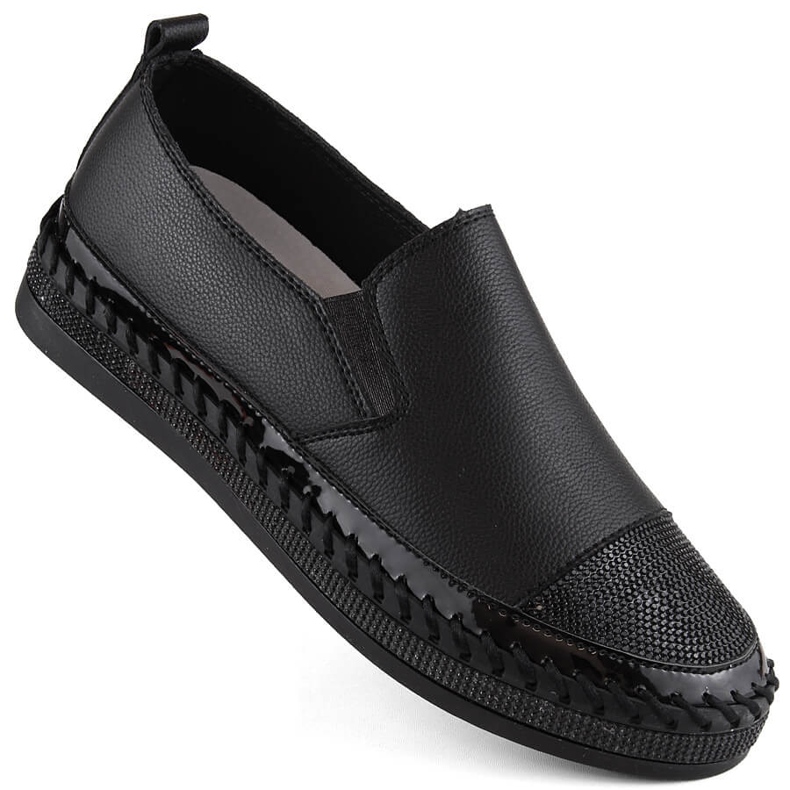 S.Barski Women's leather slip-on shoes with cubic zirconia, black D&amp;A LR370