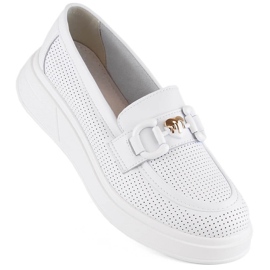 Leather women's shoes, moccasins on the platform, white S.Barski LR720