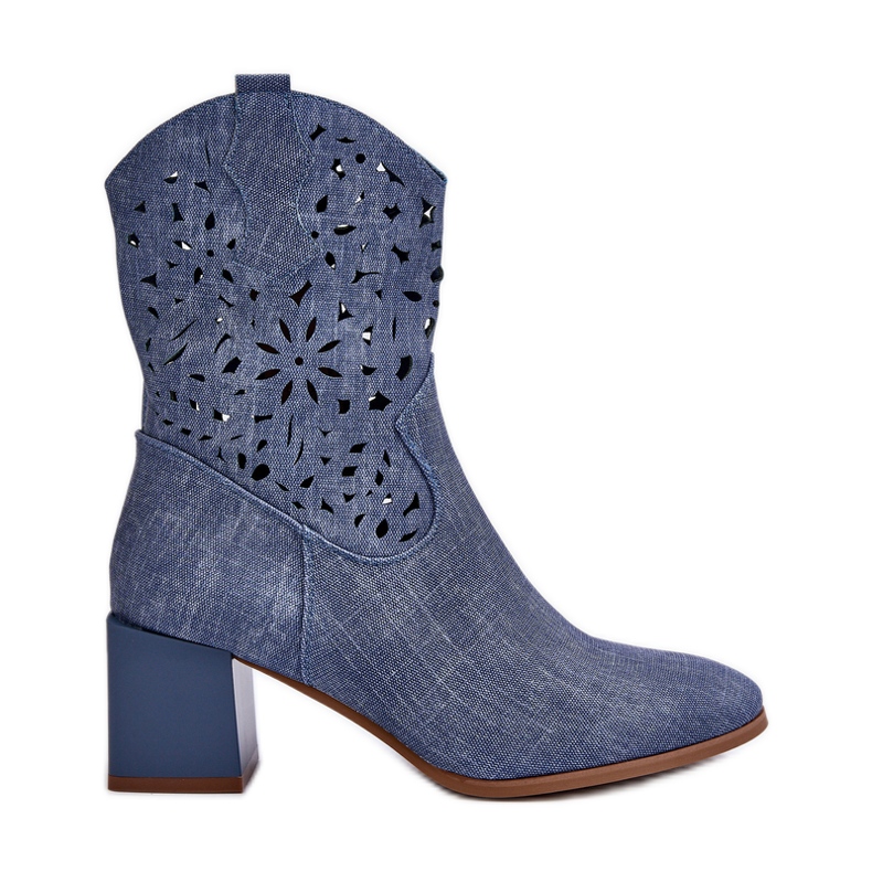 Jezzi Blue Irvelame denim ankle boots with an openwork upper on a block