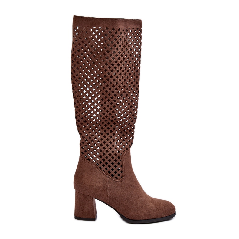 Jezzi Brown Suede Openwork High Heel Boots Jolenna