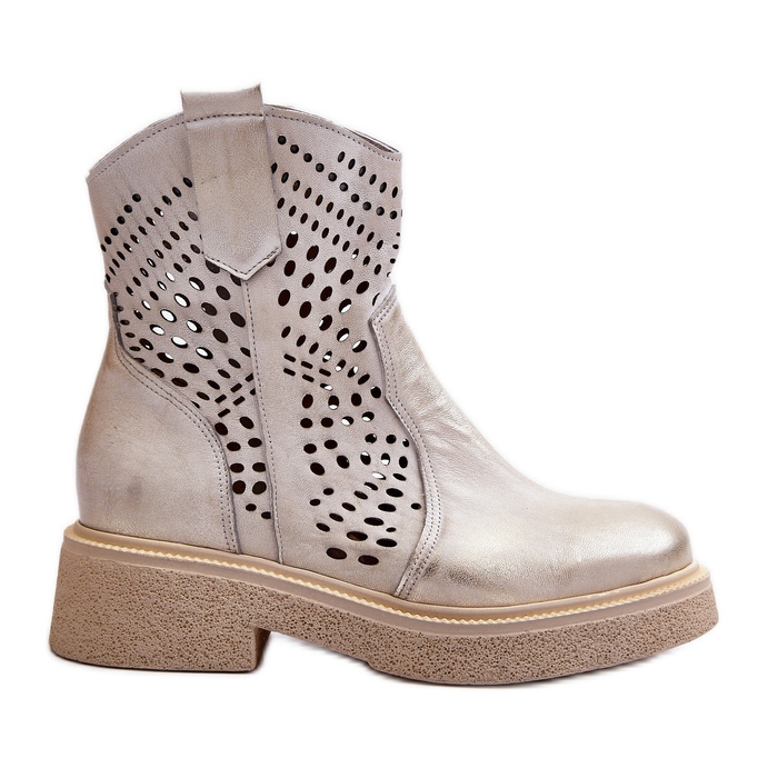 Zazoo 3470 Women's Leather Ankle Boots on a Flat Heel, Openwork Gold, Brushed golden