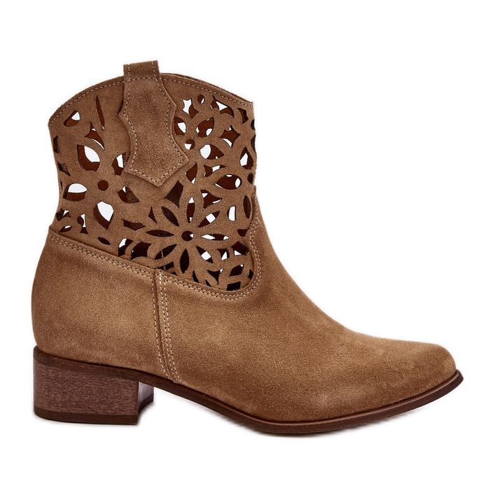 Zazoo 3404 Openwork Low-Heel Cowboy Boots Suede Light Beige