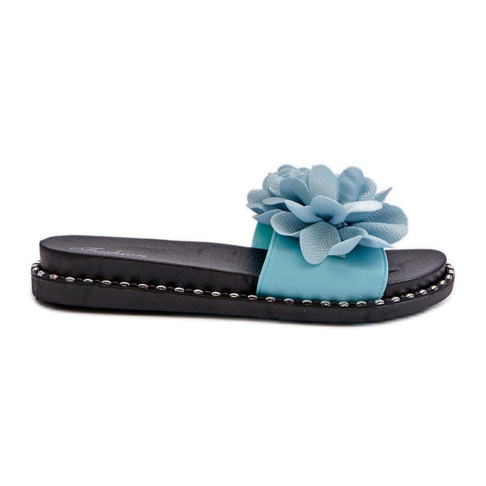 Women's Flip-Flops Decorated with Flowers, Blue Cellanen