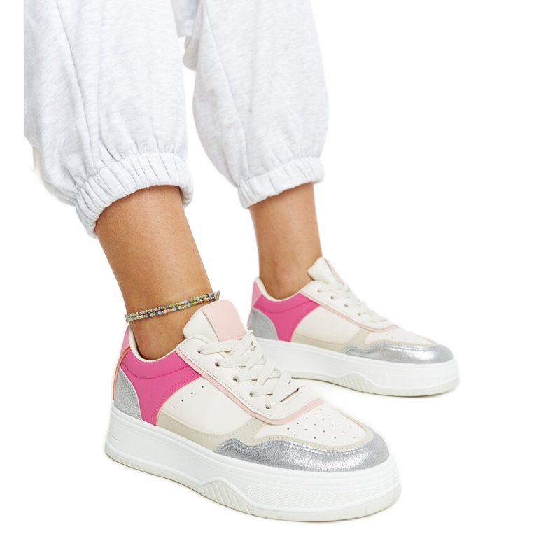 White and pink sneakers with a thick Rumai sole