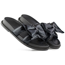 Black women's slippers with a bow made of eco-leather