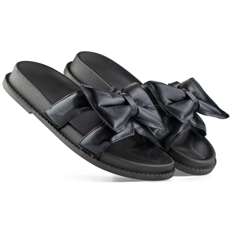 Black women's slippers with a bow made of eco-leather