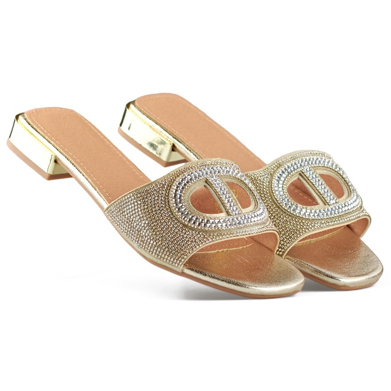 Elegant gold low-heeled sequined women's slippers golden