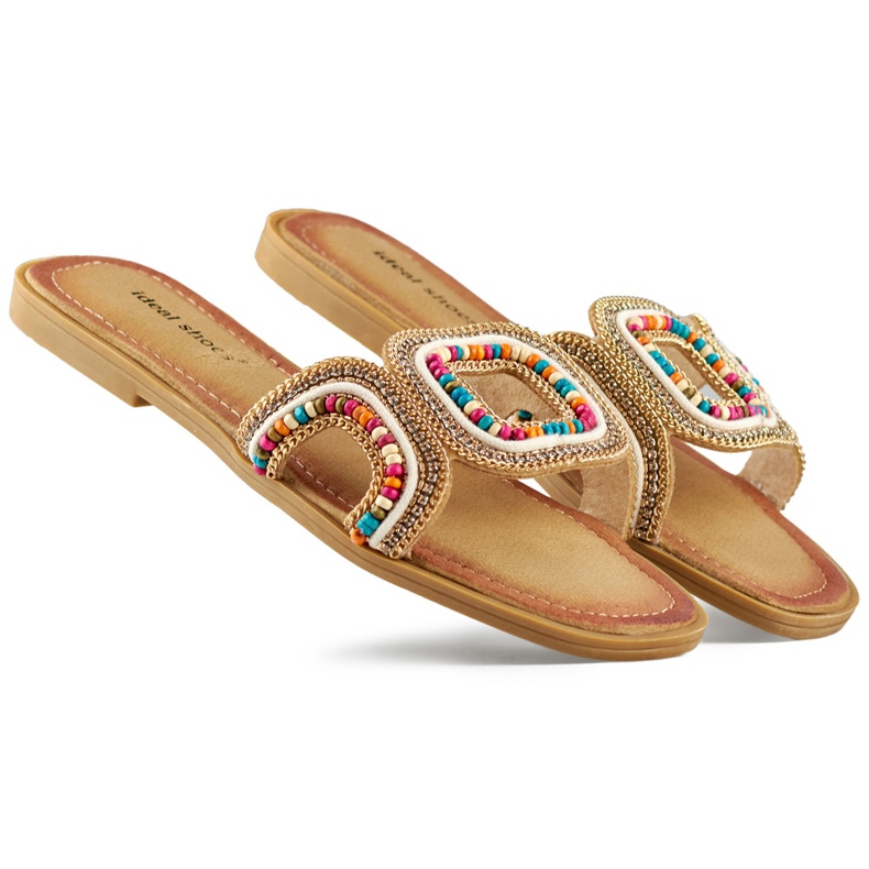 Decorated women's flat multicolored flip-flops beige