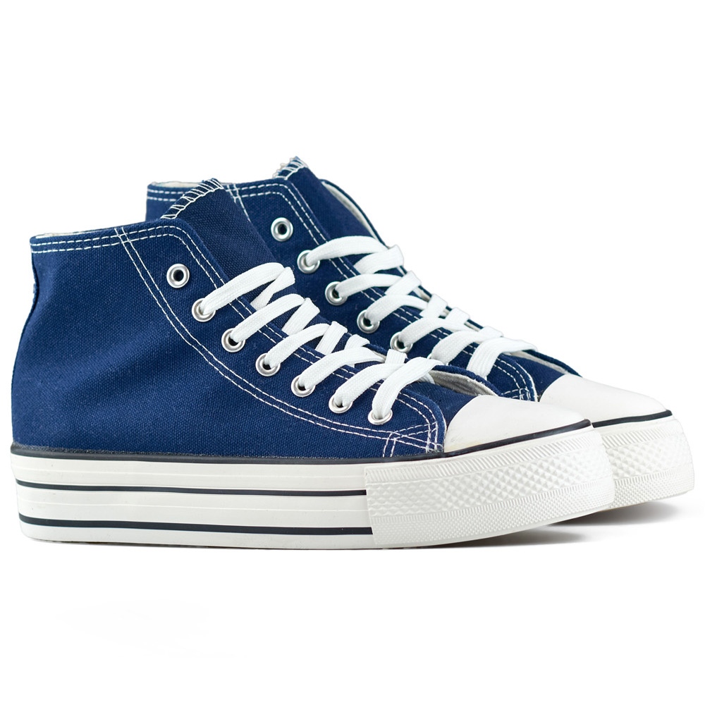 Navy blue high top sneakers with a thick sole