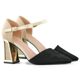 Black and beige open pumps with an elegant high heel