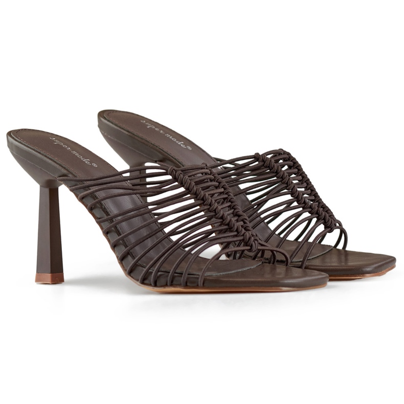 Flip-flops with a high heel, elegant, flexible women's flip-flops with a high-heeled brown heel