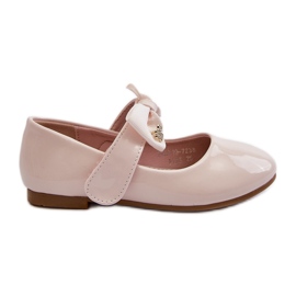 Children's patent leather ballerinas with a Velcro bow, pink, cat-like