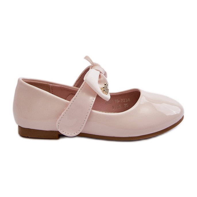 Children's patent leather ballerinas with a Velcro bow, pink, cat-like