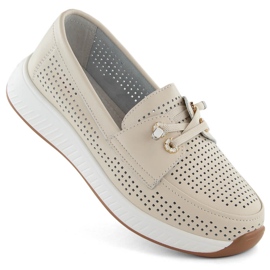 Leather women's shoes, openwork slip-on moccasins, beige Artiker 54C1753
