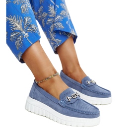 Blue leather shoes with a decorative buckle