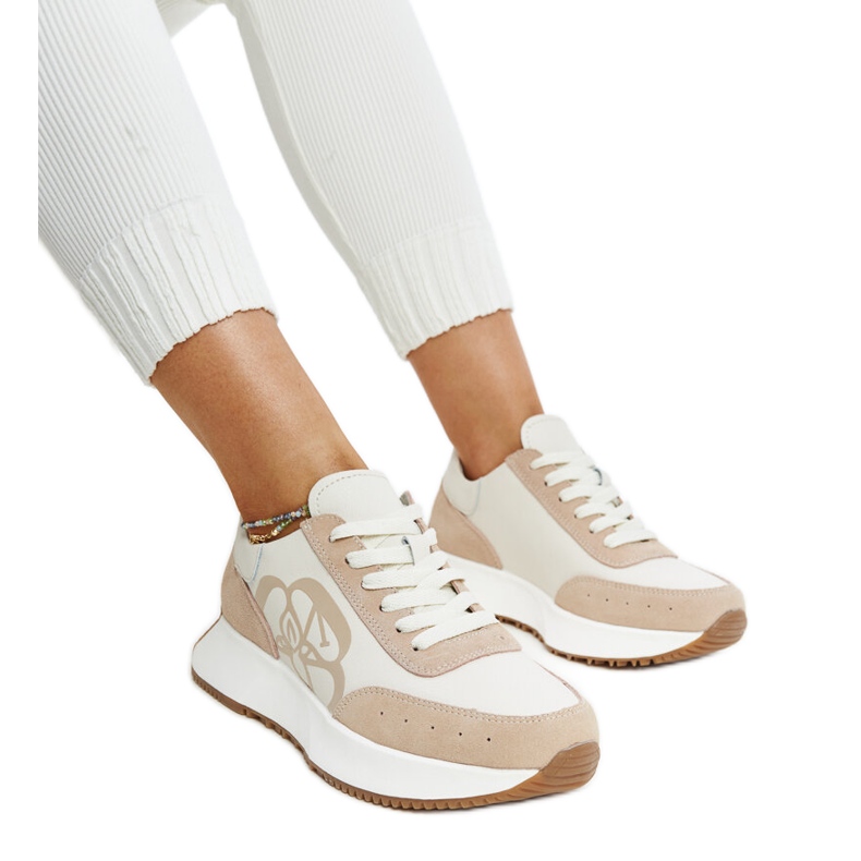 Beige leather women's sports shoes
