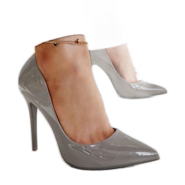 Dark gray patent stilettos with a Jadoin leather insert grey