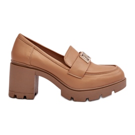 Women's Chunky Heel Shoes With Camel Ranunca Decoration brown