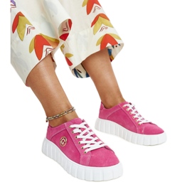 Dark pink leather sneakers with Stradone rhinestones