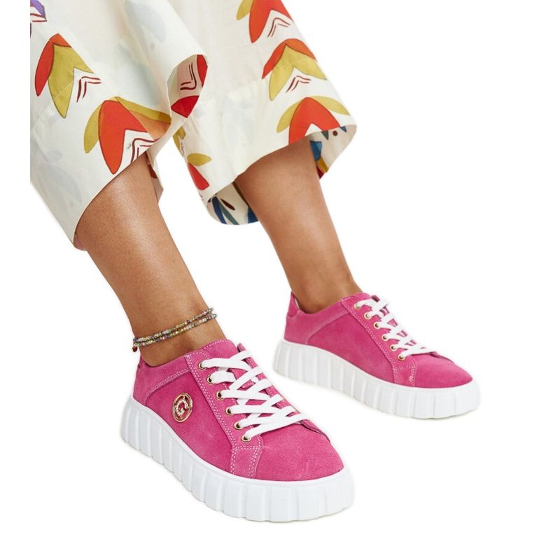 Dark pink leather sneakers with Stradone rhinestones