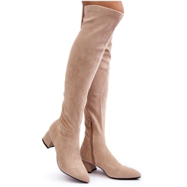 Women's Over-the-Knee Low Heel Boots, Light Beige Maidna