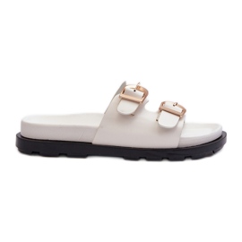 Women's Eco Leather Flip-Flops With Buckles, White Valmira