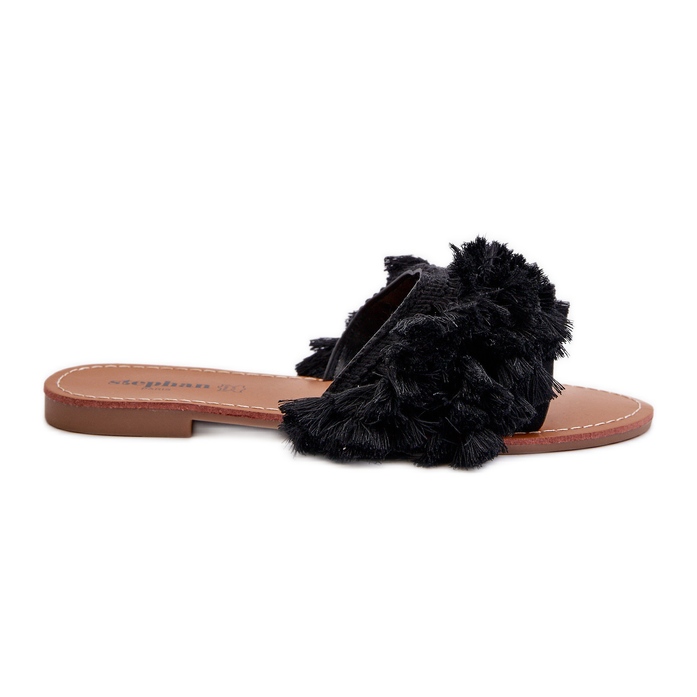 Women's Flat Flip Flops With Fringes, Black Rialle