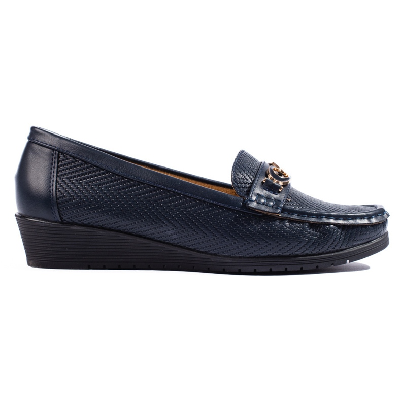 Women's navy blue moccasins with a low wedge