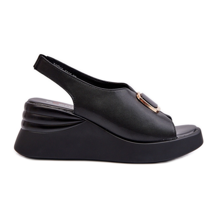 Leather Women's Wedge Sandals With Decoration, Black Salvania