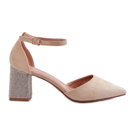 Beige pumps made of eco suede on a decorated heel by Anlitela