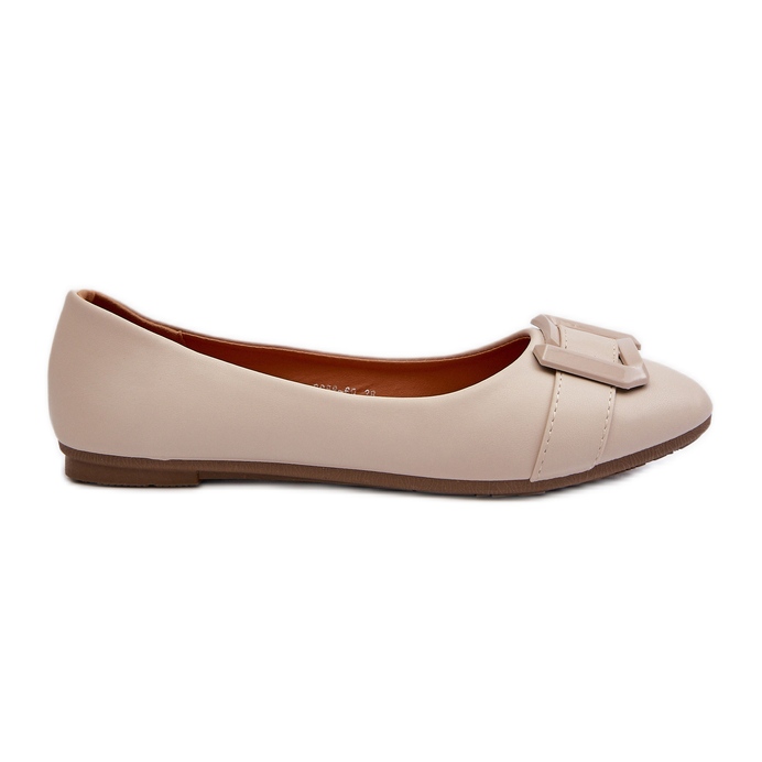 Light Beige Eco Leather Ballet Flats With Belt and Decoration Cadwenla