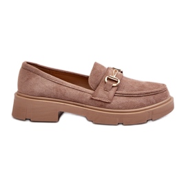 Women's Loafers With Gold Decoration, Eco Suede, Brown Lighas