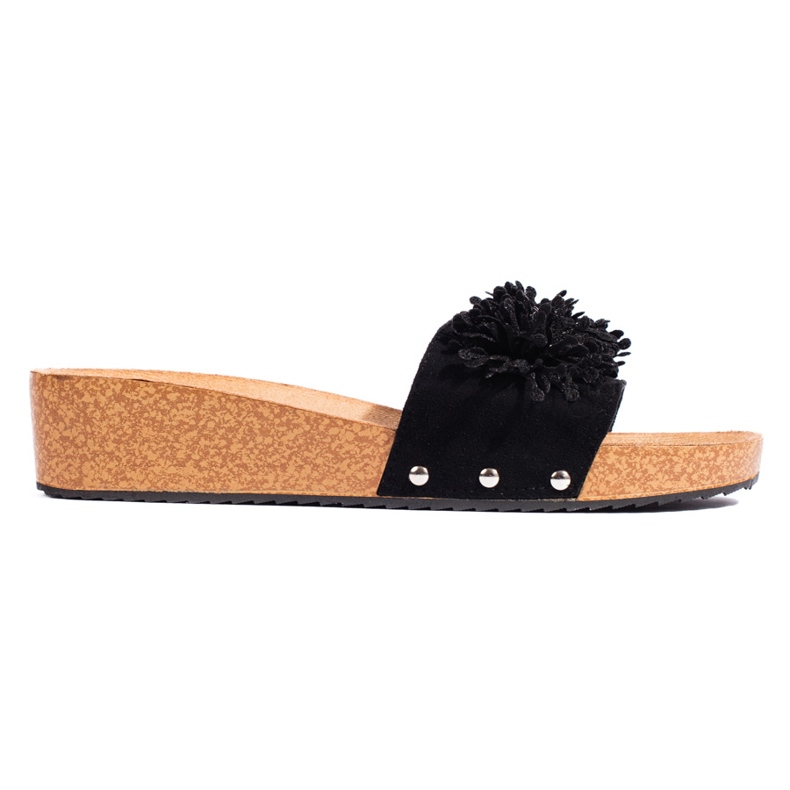 Women's suede slippers with flowers, black