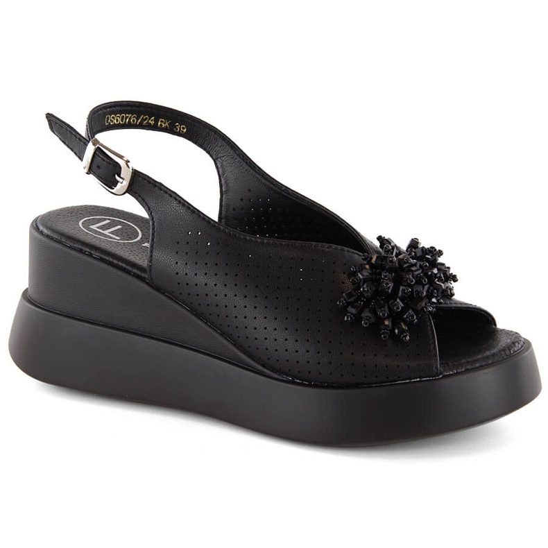 Black leather women's wedge sandals with beads Filippo DS6076