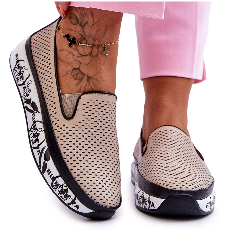 S.Barski Women's Openwork Leather Sneakers Slip-On Beige Sorito