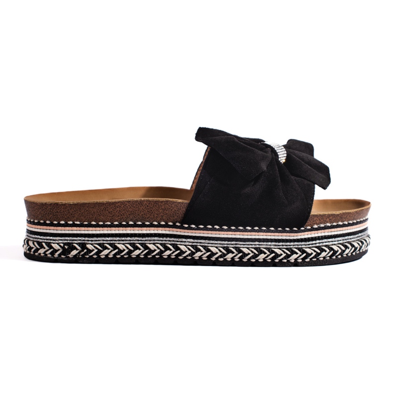 Black suede flip-flops with a bow
