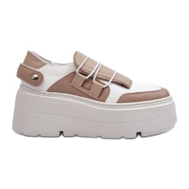 Zazoo 1833 Women's Leather Sneakers with a Massive Sole, Beige and White Zazoo 1833 Women's Leather Sneakers with a Massive Sole, Beige and White