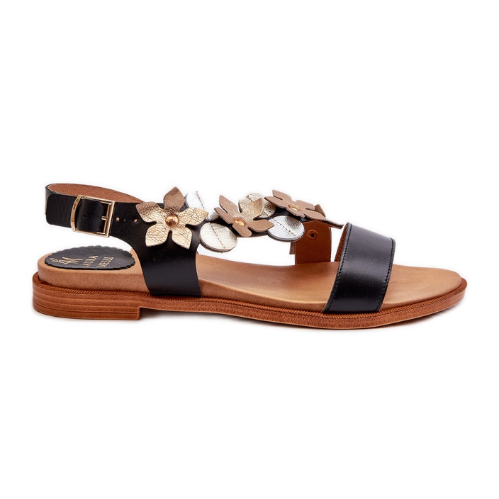 Women's Leather Sandals Decorated with Flowers Laura Messi 2762 Black Women's Leather Sandals Decorated with Flowers Laura Messi 2762 Black