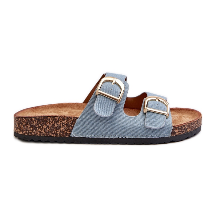 Women's denim flip-flops on a cork platform with straps, blue Doretta